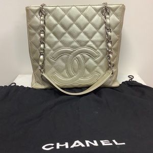 CHANEL Quilted Petite Timeless Shopping Tote PST metallic gold silver hardware